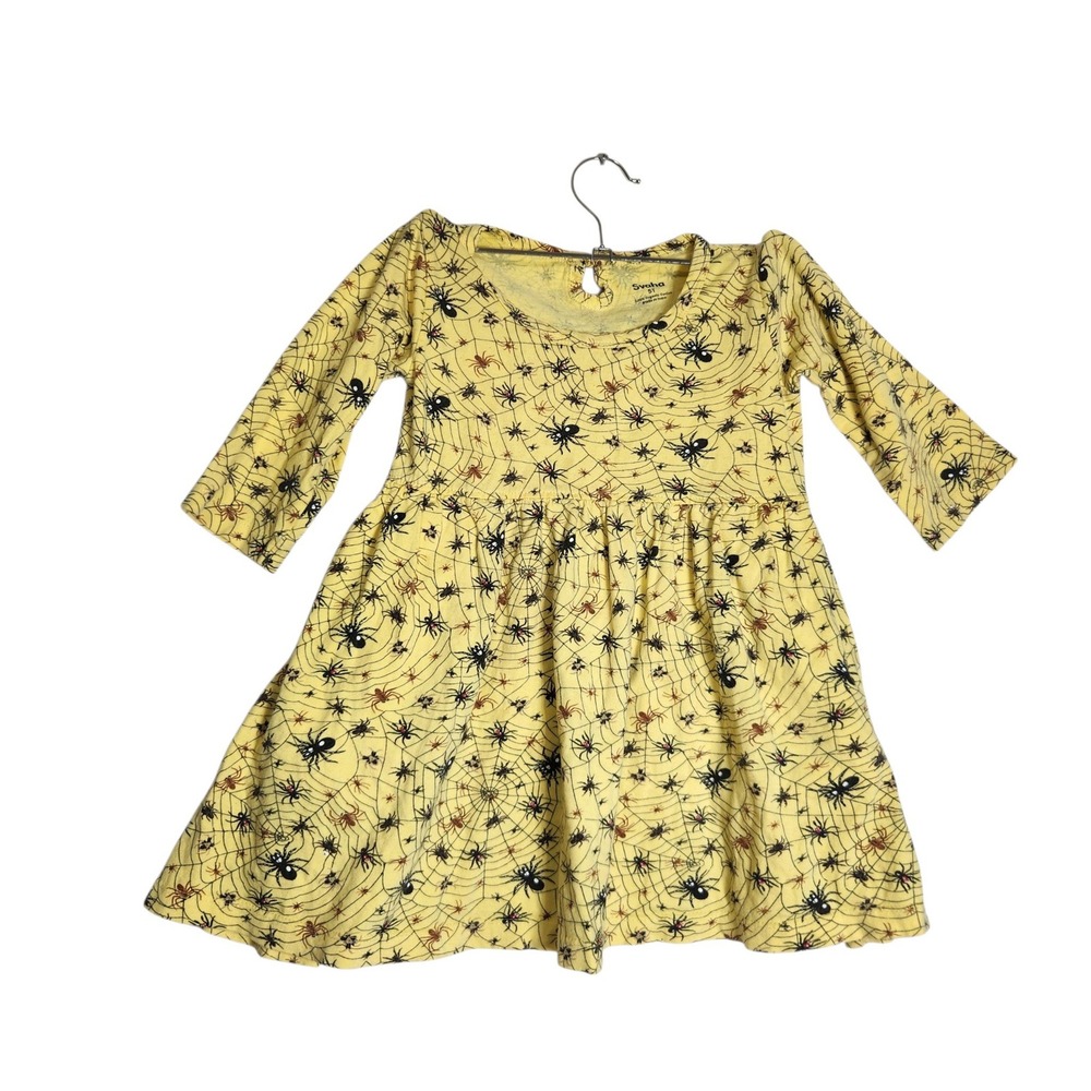 Svaha Kids Yellow Spider Web Organic Cotton Long Sleeve Dress 5T